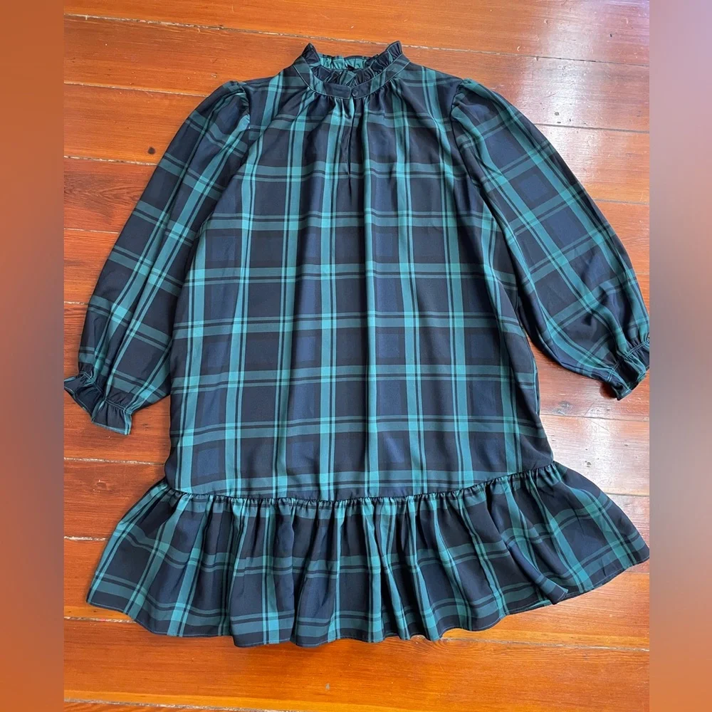 J. Crew Green Black Watch Tartan Plaid Ruffle Puff Sleeve Dress Sz 2X 🧡🎀